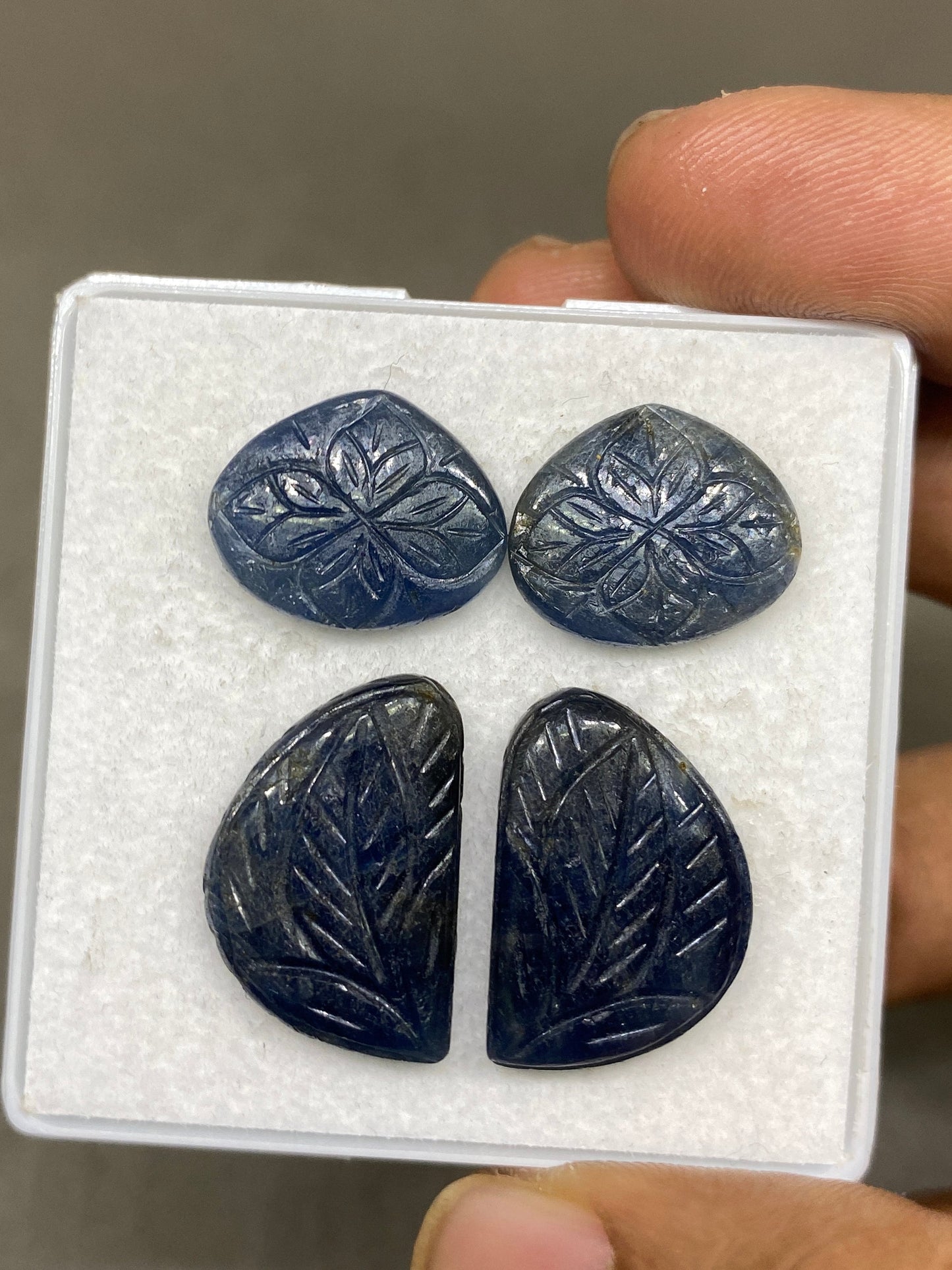 Very rare blue sapphire leaf carving fine quality pcs 4 wt 49 cts size 16x13-21x14mm sapphire carving unheated untreated sapphire earring