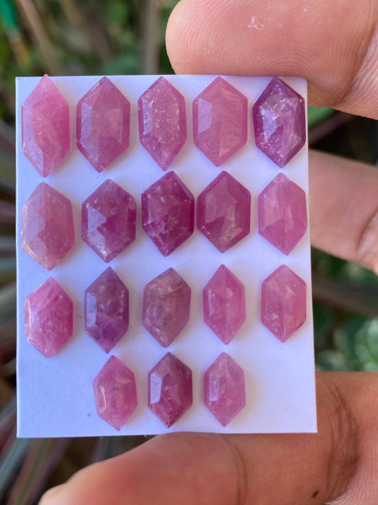 Fabulous rare natural unheated untreated ruby hexagon flat cut geometric pcs 18 wt 41.50 cts  size 9.9x5.7mm-14.3x6.6mm ruby mozambique mine