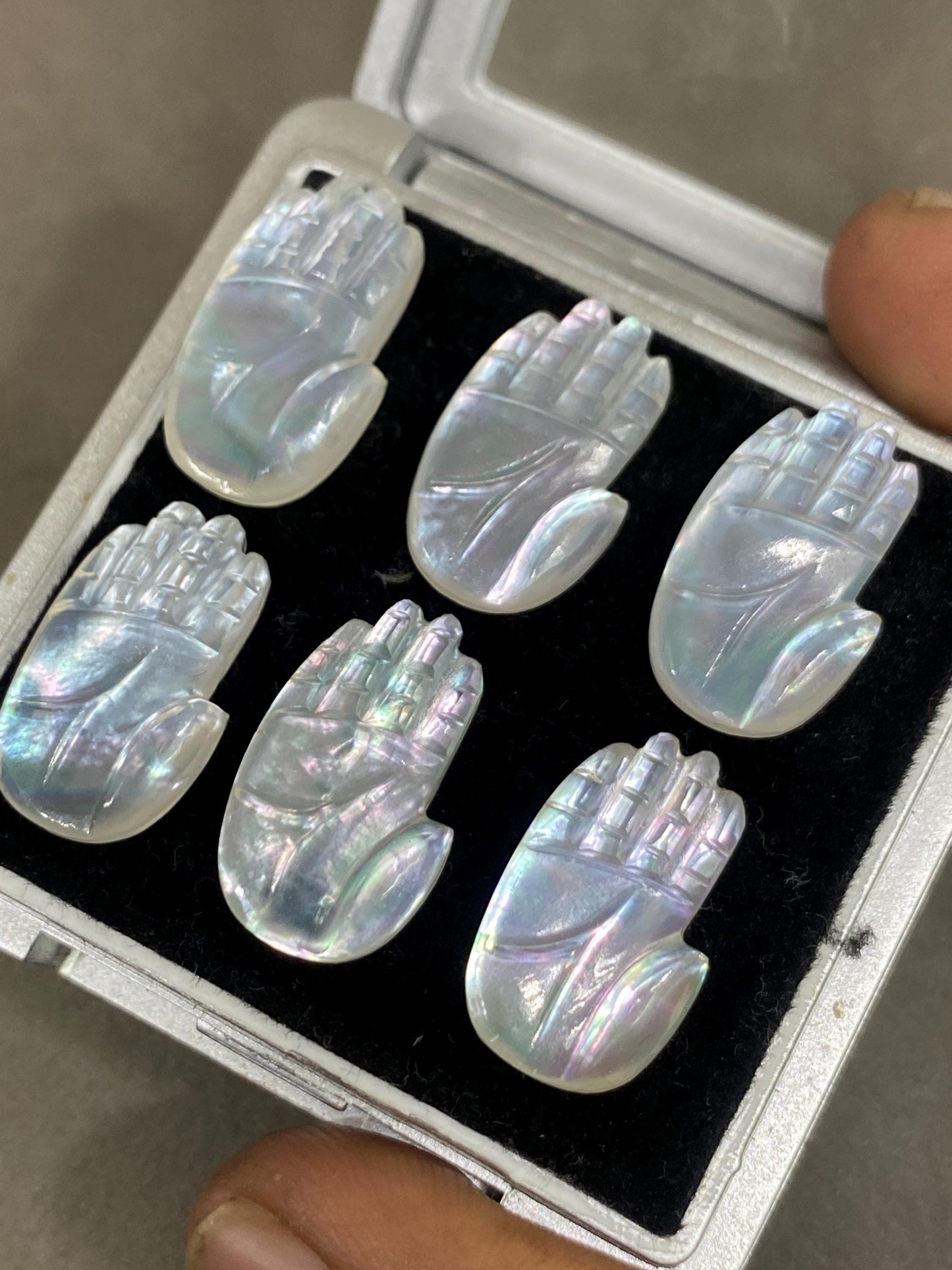 Rare High quality mother of pearl and crystal doublet hamsa hand carving mop pcs   6 wt 56 carats size 19x11mm fire pearl intricate carving