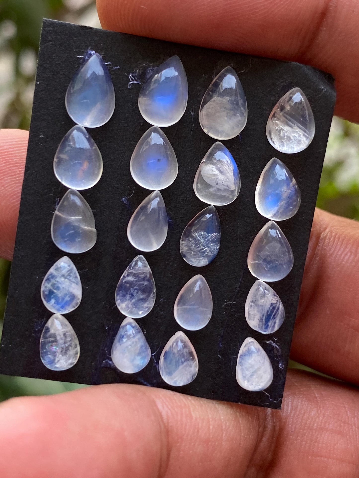 White rainbow moonstone cabochons pear wholesale lot pcs 20 weight 18.60 carats size 7x5mm-9x6mm pear cabochons