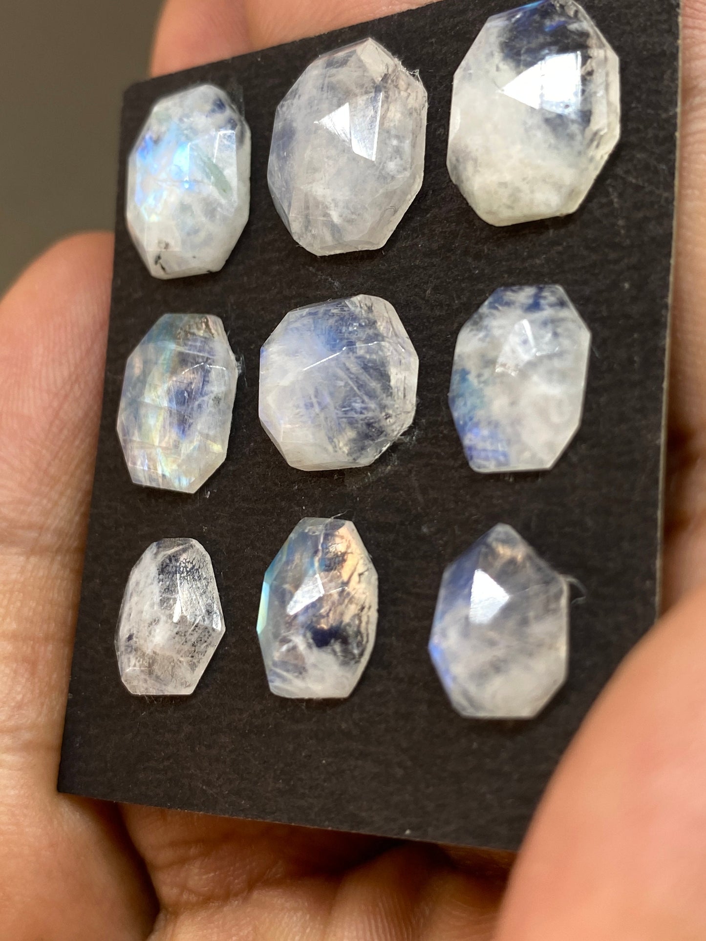 Stunning rare Blue fire white rainbow moonstone faceted rosecut geometric cushion pcs 9 wt 28 cts size 10x8-12x10mm fire rainbow moonstone