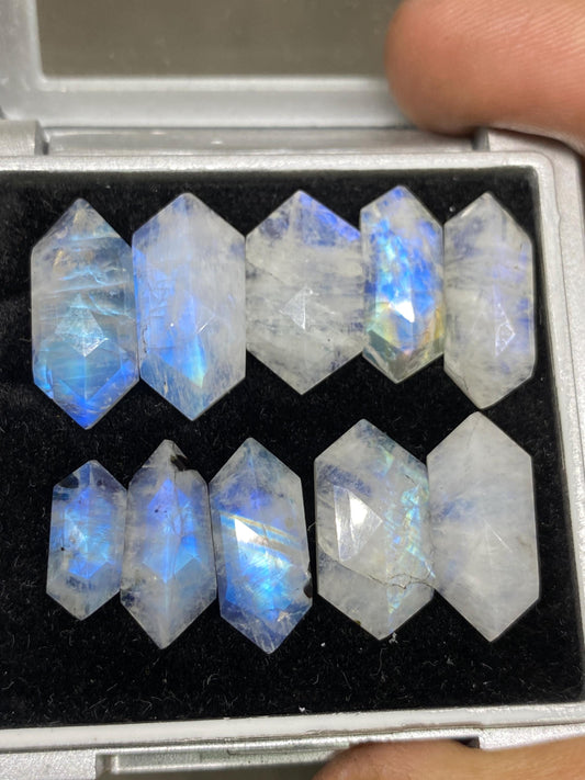 Blue fire white rainbow moonstone hexagon faceted step cut pcs 10 wt 47 cts size 12x5mm-19x8mm fire rainbow moonstone