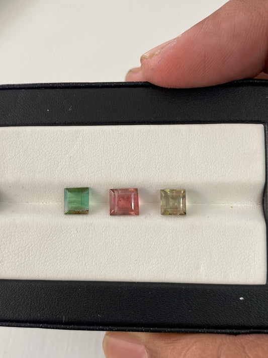 Stunning Rare Watermelon Tourmaline cutstones pcs 3 wt 3.5 carats size 5-6mm tourmaline cuts princess squares cutstones bi color tourmaline