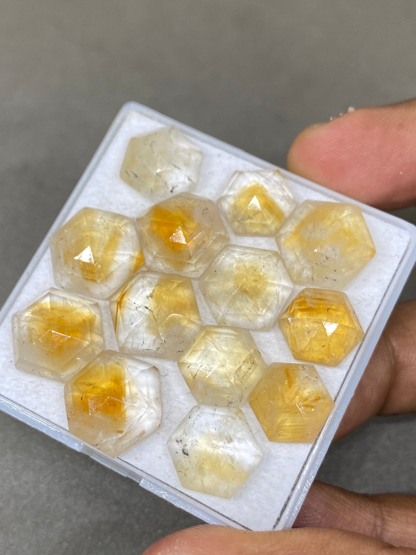 Gorgeous rare bi color citrine hexagon step cut weight 71 carats  pcs 13 size  10m-13mm citrine step cut hexagon