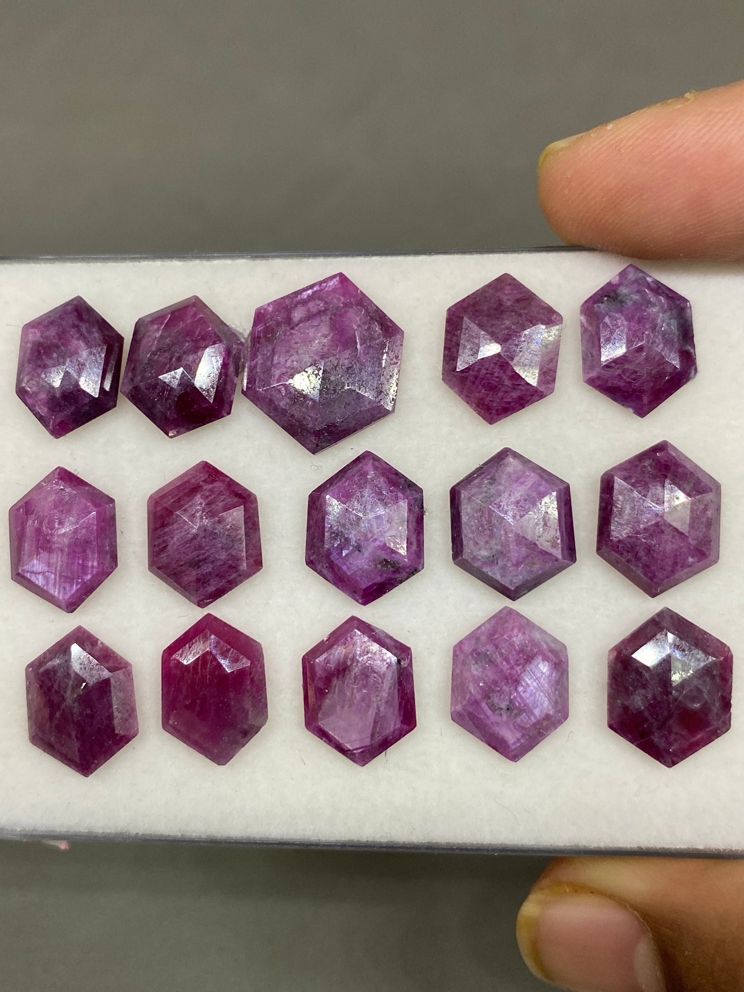 Eye catching Rare silver sheen ruby hexagon step cuts weight 71 carats pcs 15 size 13.9x10.5mm-17.4x16.4mm ruby hexagon flatbacks