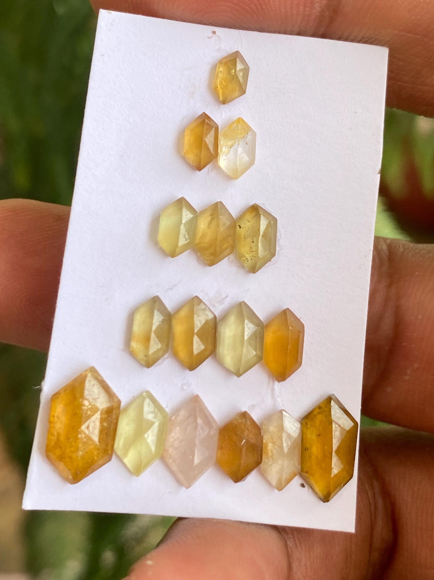 Dazzling yellow fluorite hexagon beautiful fine quality wt 15.50 carats  size 4.5x3-12x6mm pcs 16  fluorite geometric hexagon