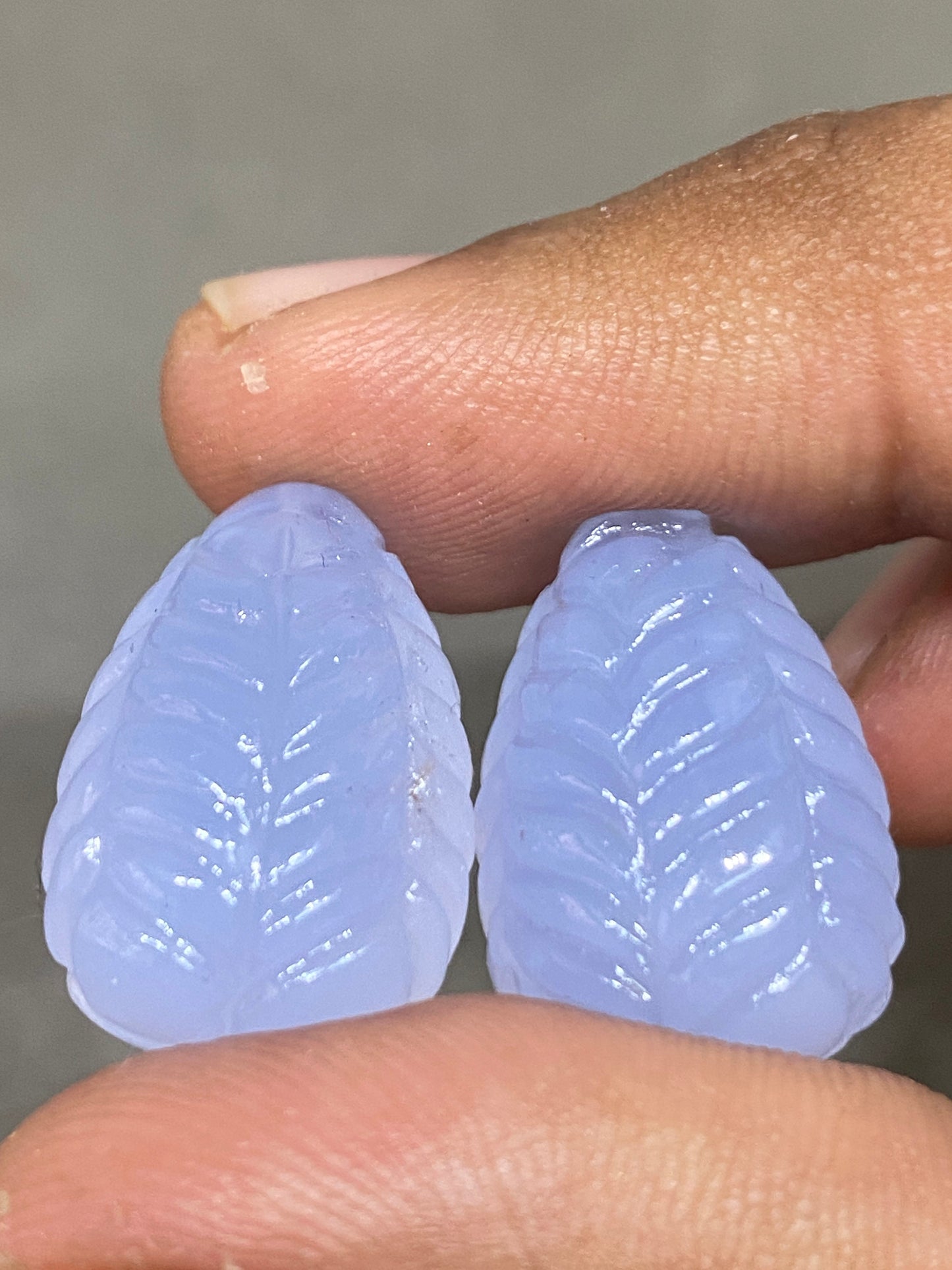 Natural lavender blue chalcedony  quartz  drop hand carved earring set wt 61 cts pcs 2 size  22x15mm lavender blue carving