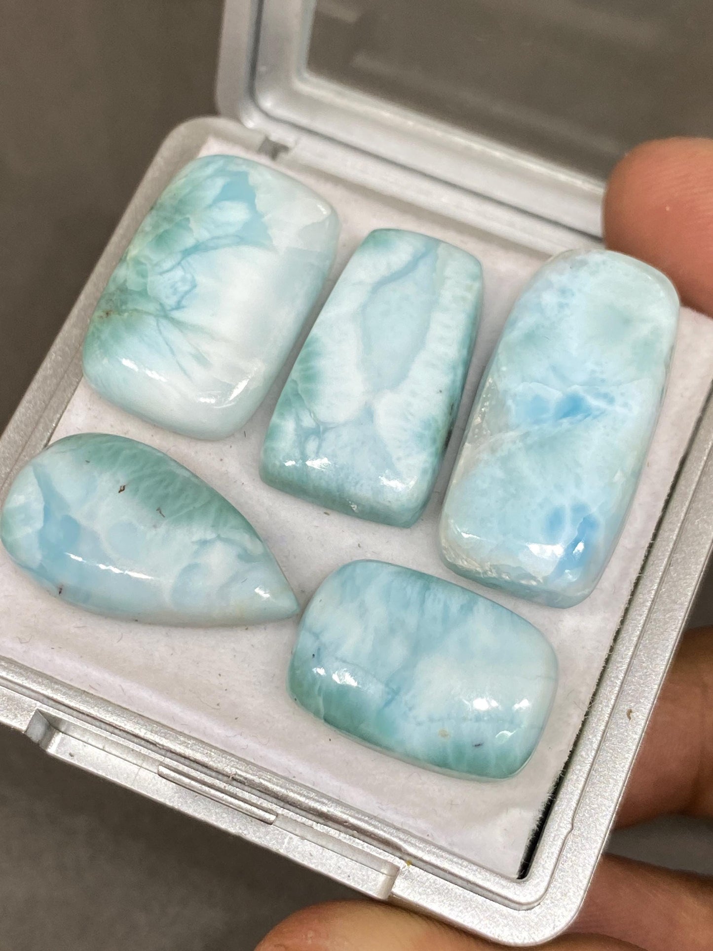 Mesmerising rare Smooth Larimar cabochons pcs 5 pendant supply  wt 95.40 carats size 19x14mm-22x13mm natural Larimar cabochons fancy shape