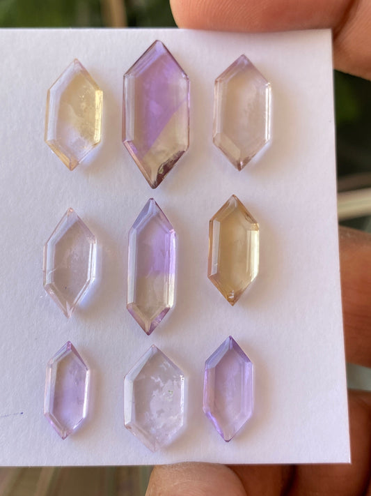 Nice ametrine hexagon mirror cut big size aaa quality  wt  30 cts   pcs 9 size 13.5x5.8mm-23x10mm Amethyst citrine mirror cut hexagon