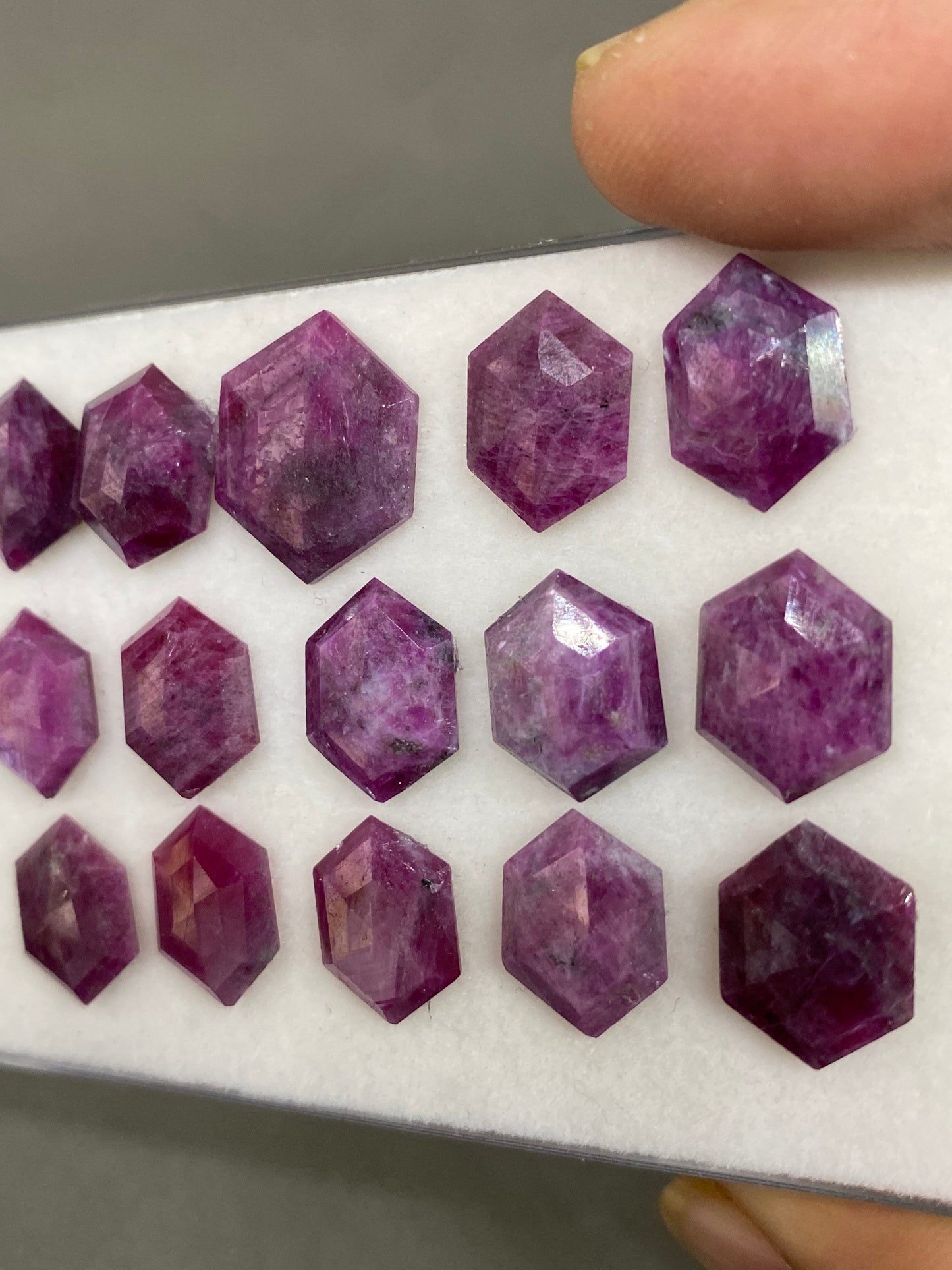 Eye catching Rare silver sheen ruby hexagon step cuts weight 71 carats pcs 15 size 13.9x10.5mm-17.4x16.4mm ruby hexagon flatbacks