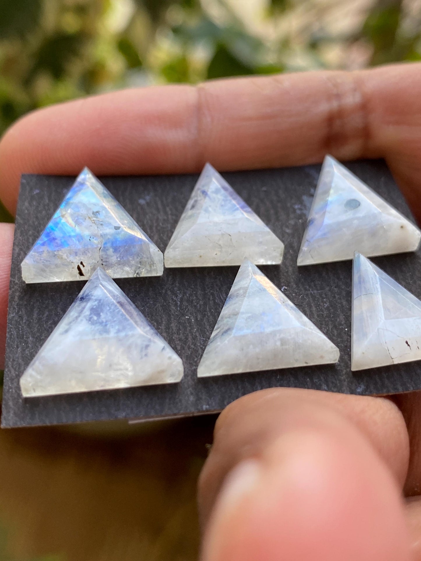 Mesmerising rare Blue fire white rainbow moonstone faceted rosecut triangle stepcut pcs 6 wt 34.65 cts size 15x11-17x14mm  rainbow moonstone