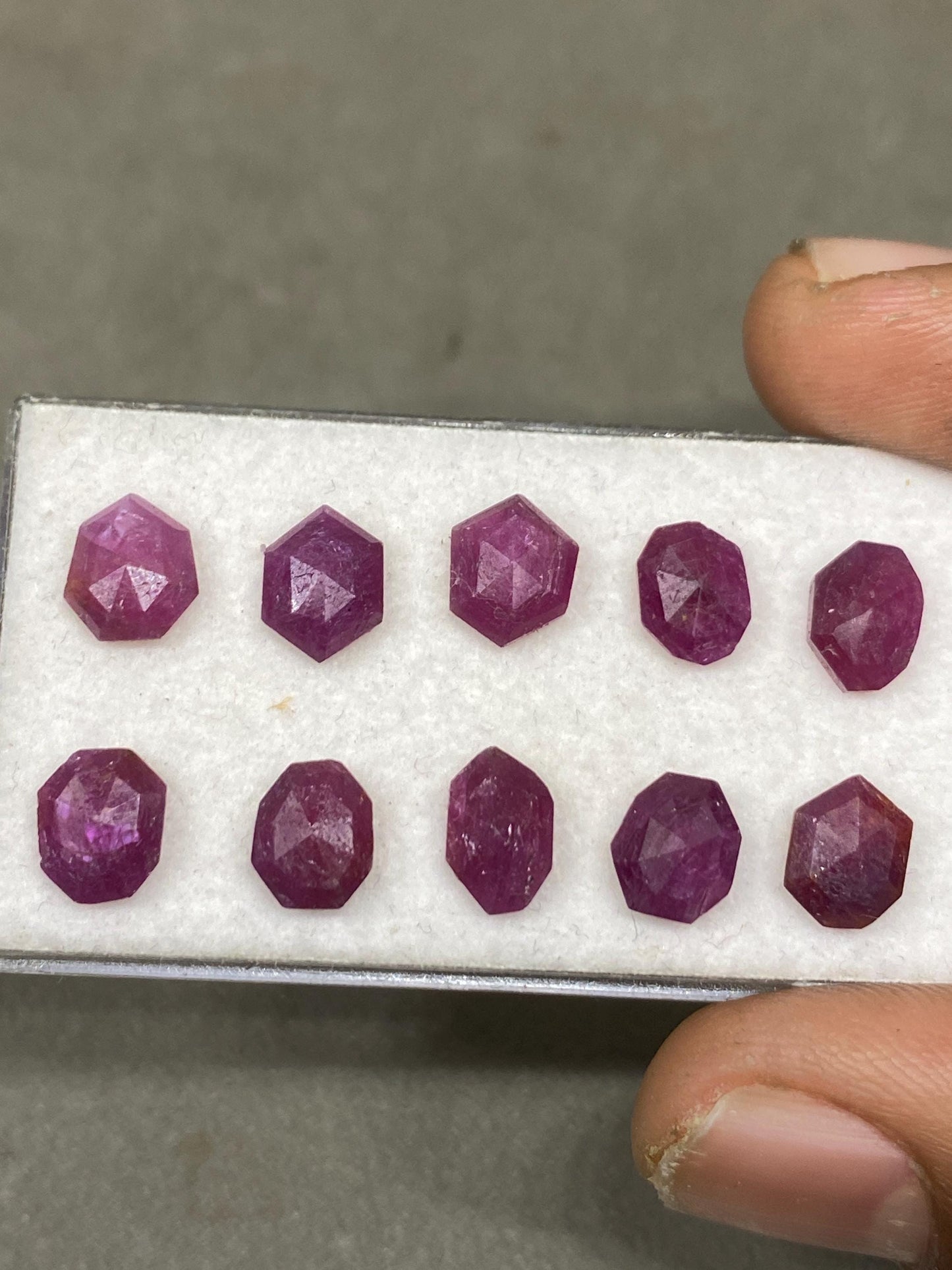 Mesmerising rare natural unheated untreated ruby mozambique flat cut geometric pcs 10 wt 14.60 cts  size 7.9x6-8x7mm  ruby mozambique mines