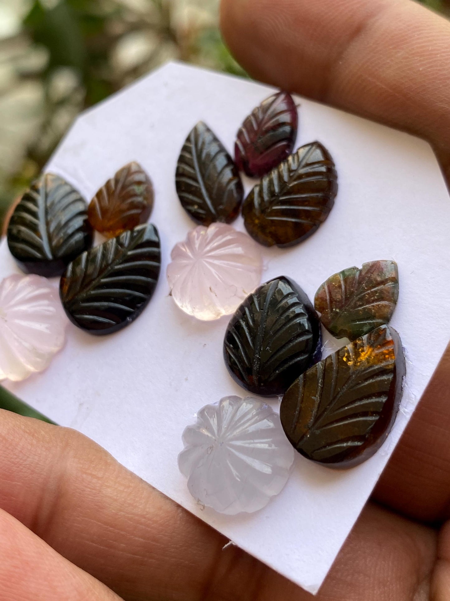 Stunning Petro tourmaline rose quartz chalcedony flower leaves carving wt 60 carats pcs 12 size 10.5x8-16x11mm tourmaline big leaf carving