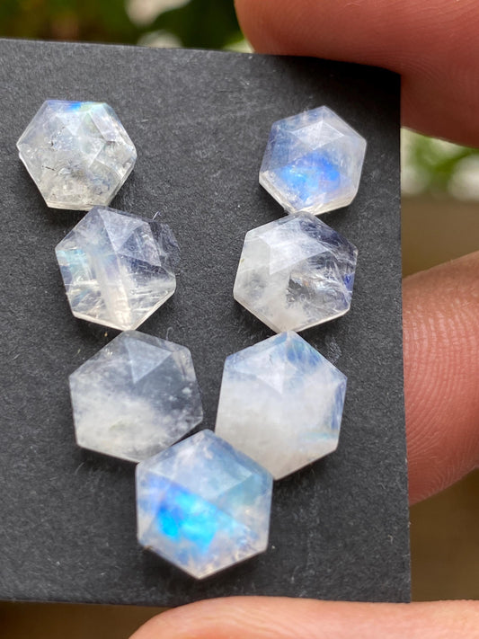 Stunning rare Blue fire white rainbow moonstone faceted rosecut hexagon pcs 7 wt 18.20 cts size 8.7x7.6mm-9.7x9mm fire rainbow moonstone