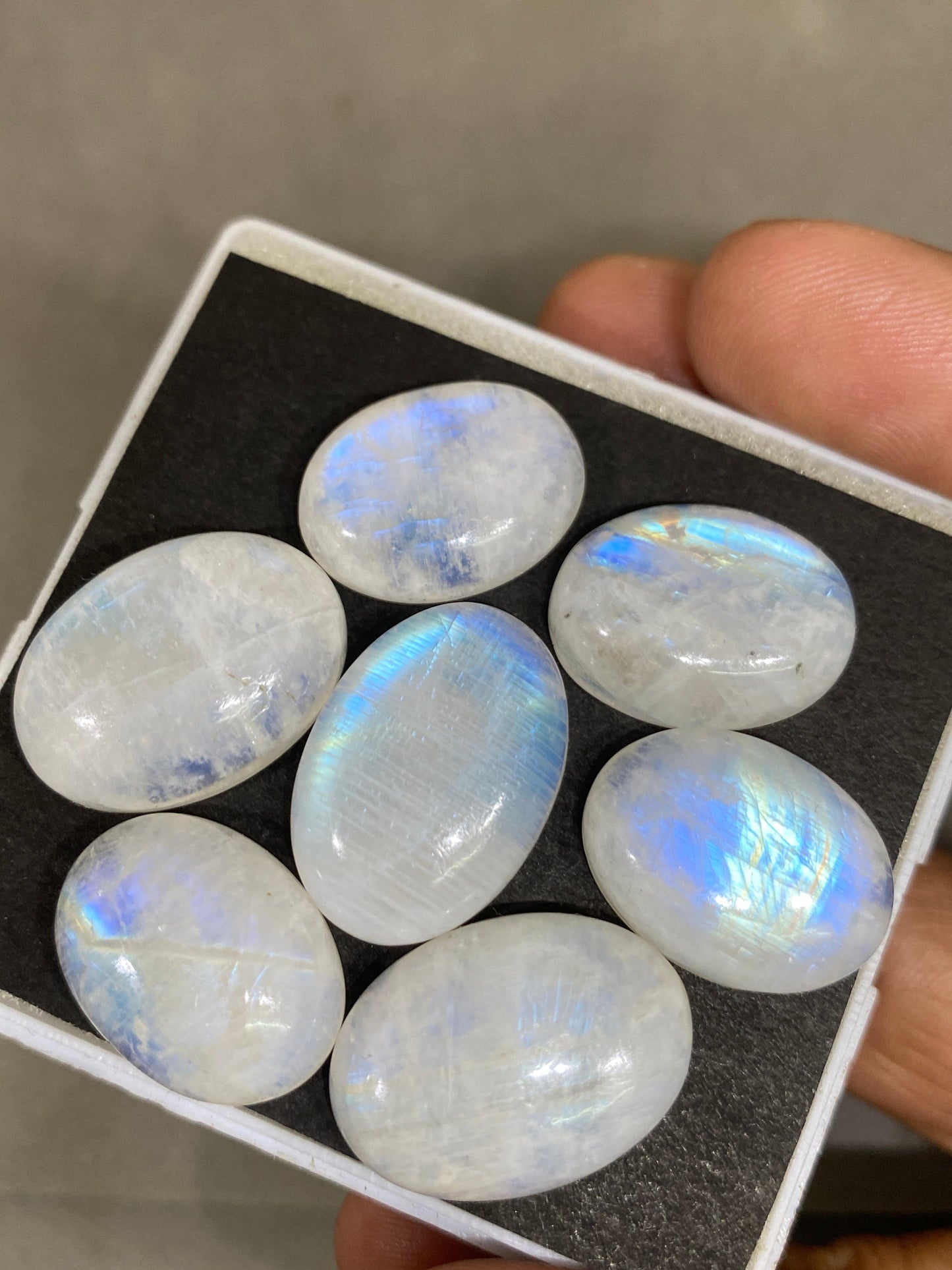 Fascinating  Blue fire rainbow moonstone oval cabochons  lot pcs 7 weight 127 cts size 19x14mm-23x16mm beautiful fire rainbow moonstone