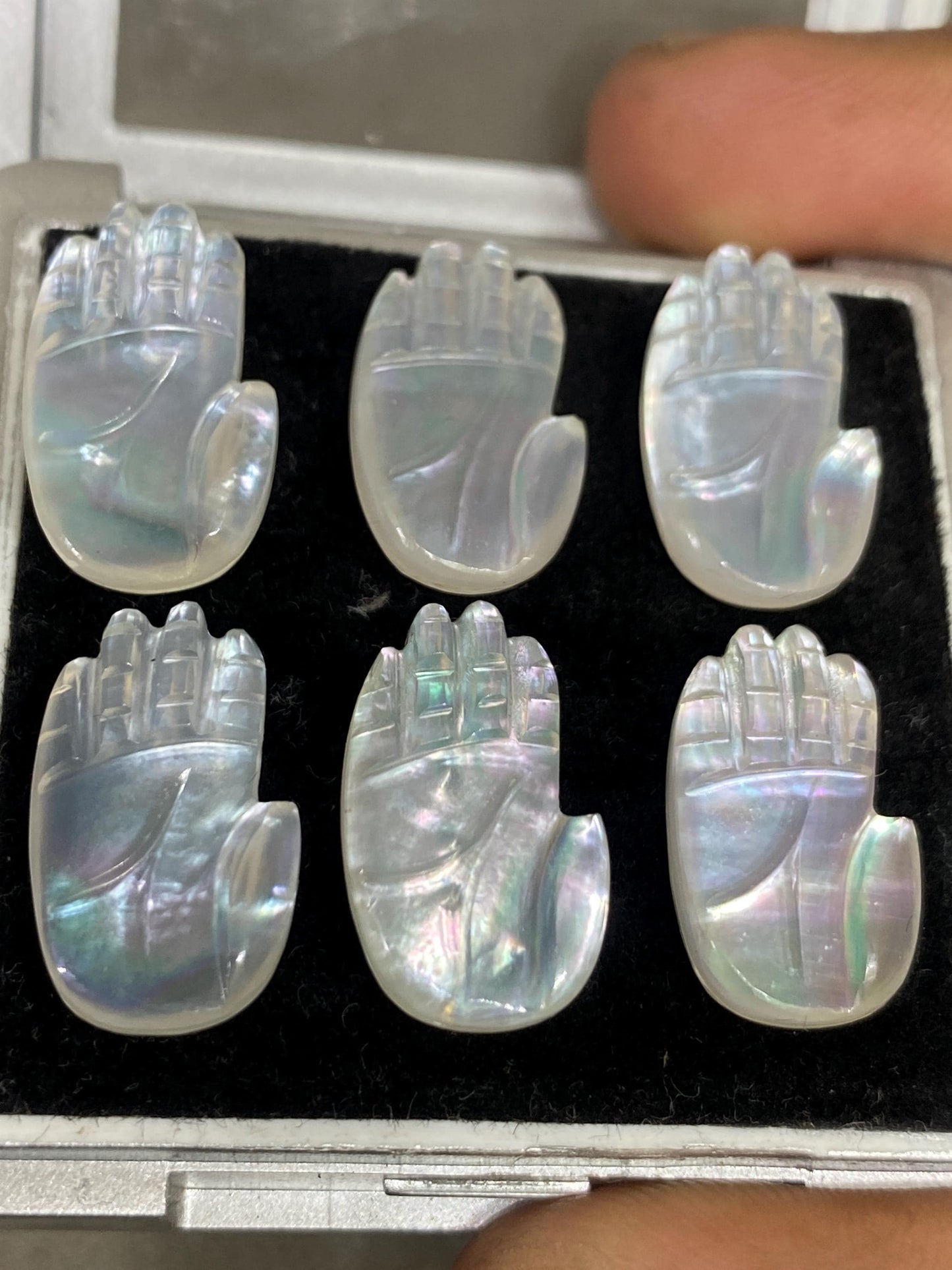 Rare High quality mother of pearl and crystal doublet hamsa hand carving mop pcs   6 wt 56 carats size 19x11mm fire pearl intricate carving