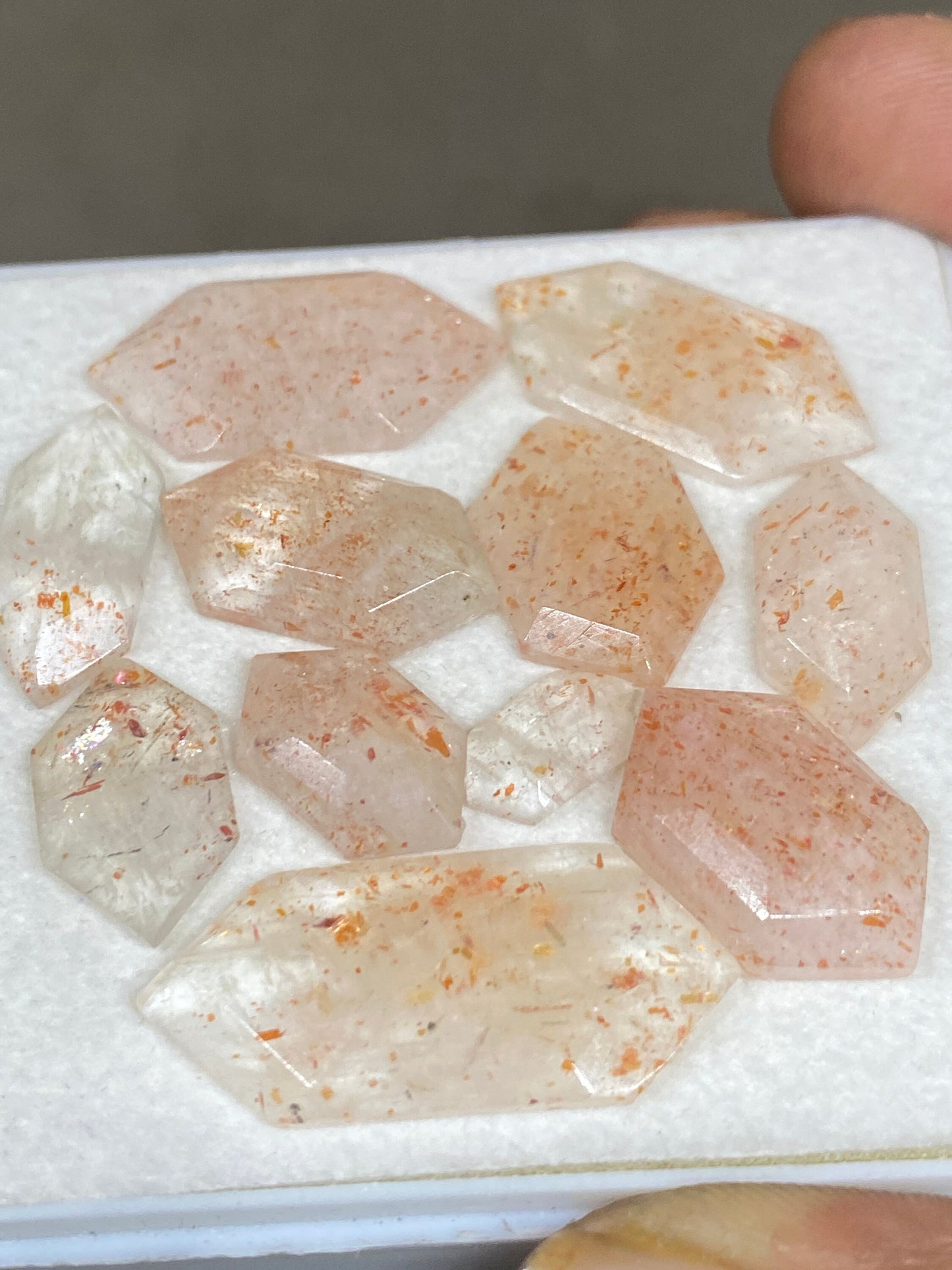 Amazing rare sunstone hexagon shape step cut flats wt 60 carats pcs 11 size 10.8x6mm-30x12mm sunstone geometric step cut flatback gems