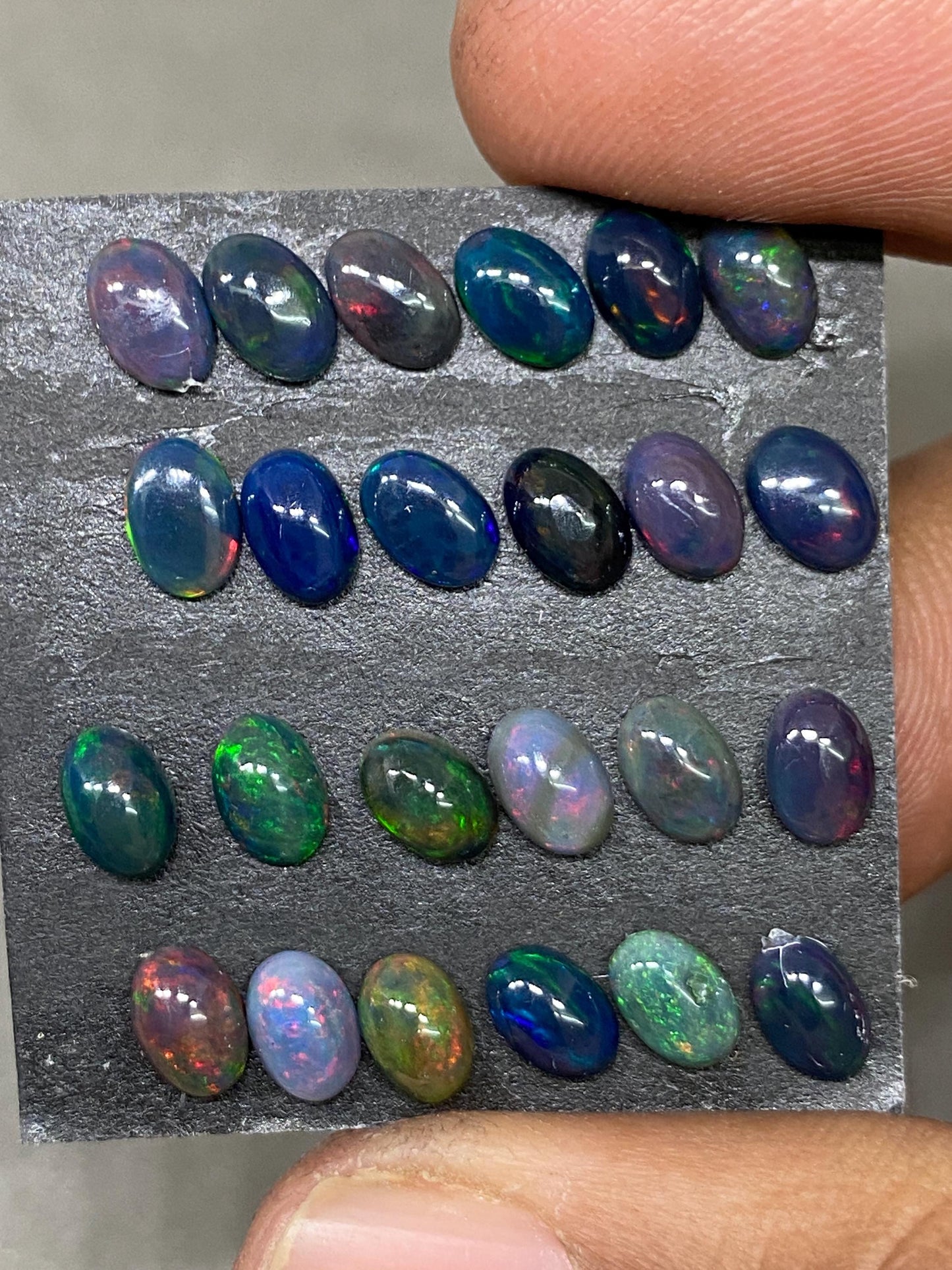 Black opal (smoked) Natural Fire opal cabochons lot size wt 8.30 cts size 6x4mm  pcs 24 opal cabochon aaa quality fire black opals cabochons