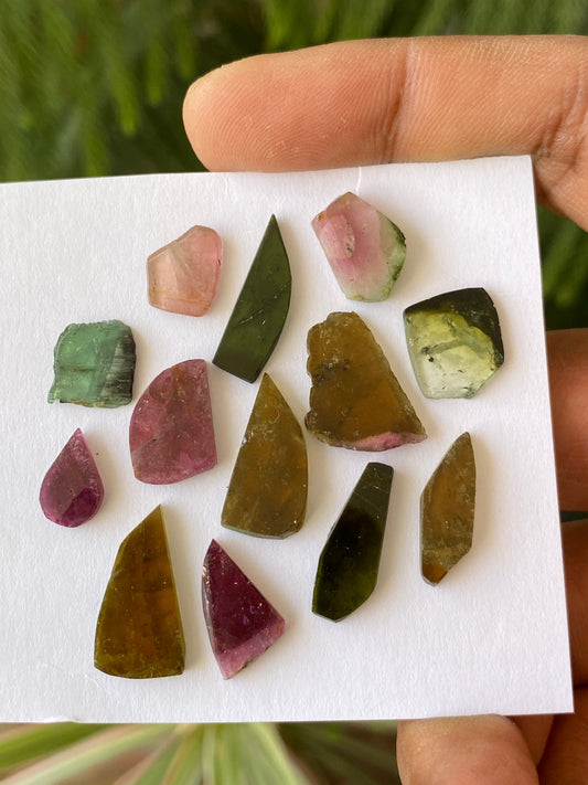 Fabulous Watermelon multi tourmaline geometric cut flats lot fine quality wt 44 cts size 12x7mm-20x10mm pcs 13 natural tourmaline geometric