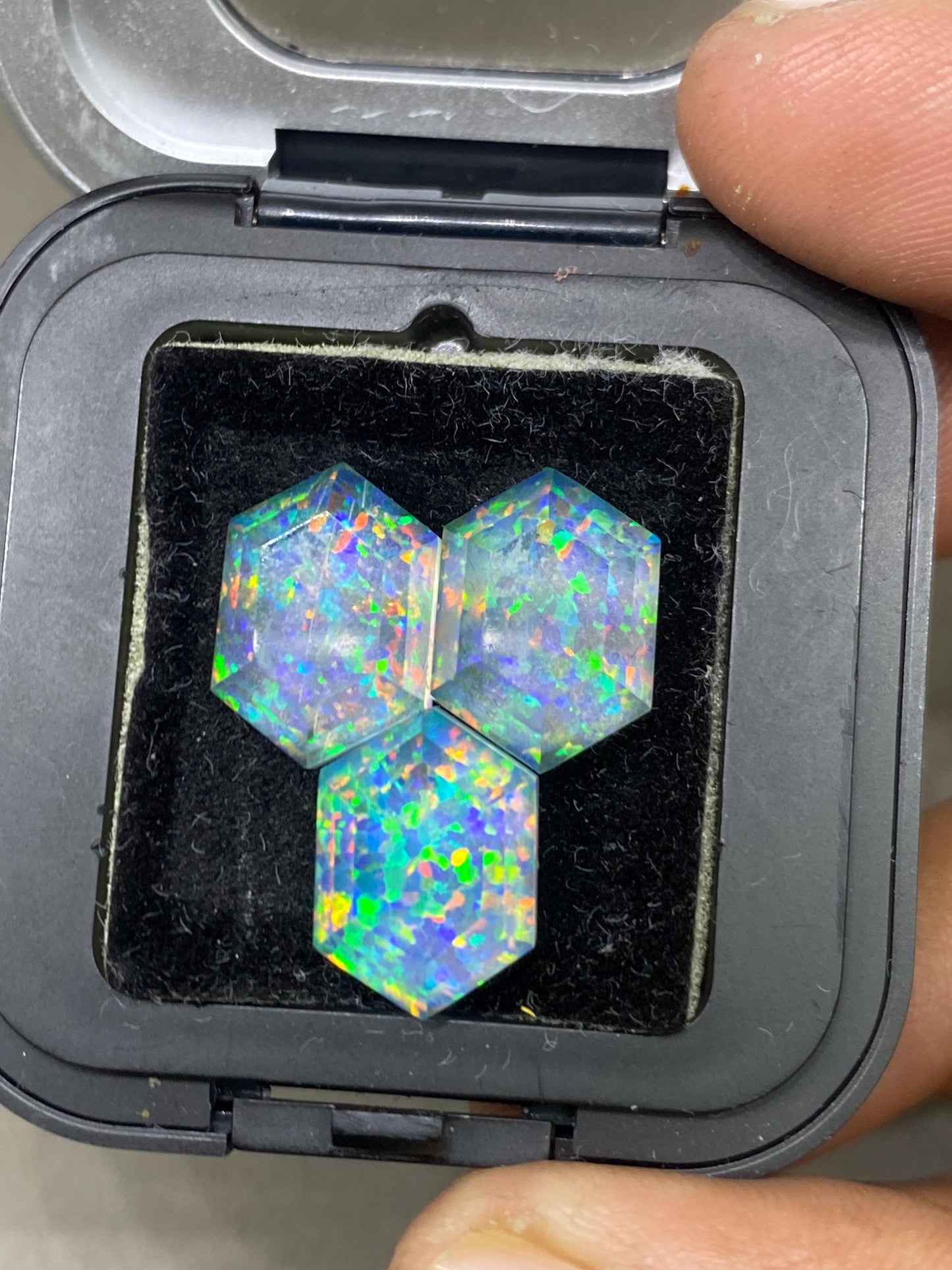 Astonishing multi fire  aurora opal and crystal doublet hexagon stepcut pcs 3 wt 22 carats big size 14x10mm ring pendant earring Aurora opal