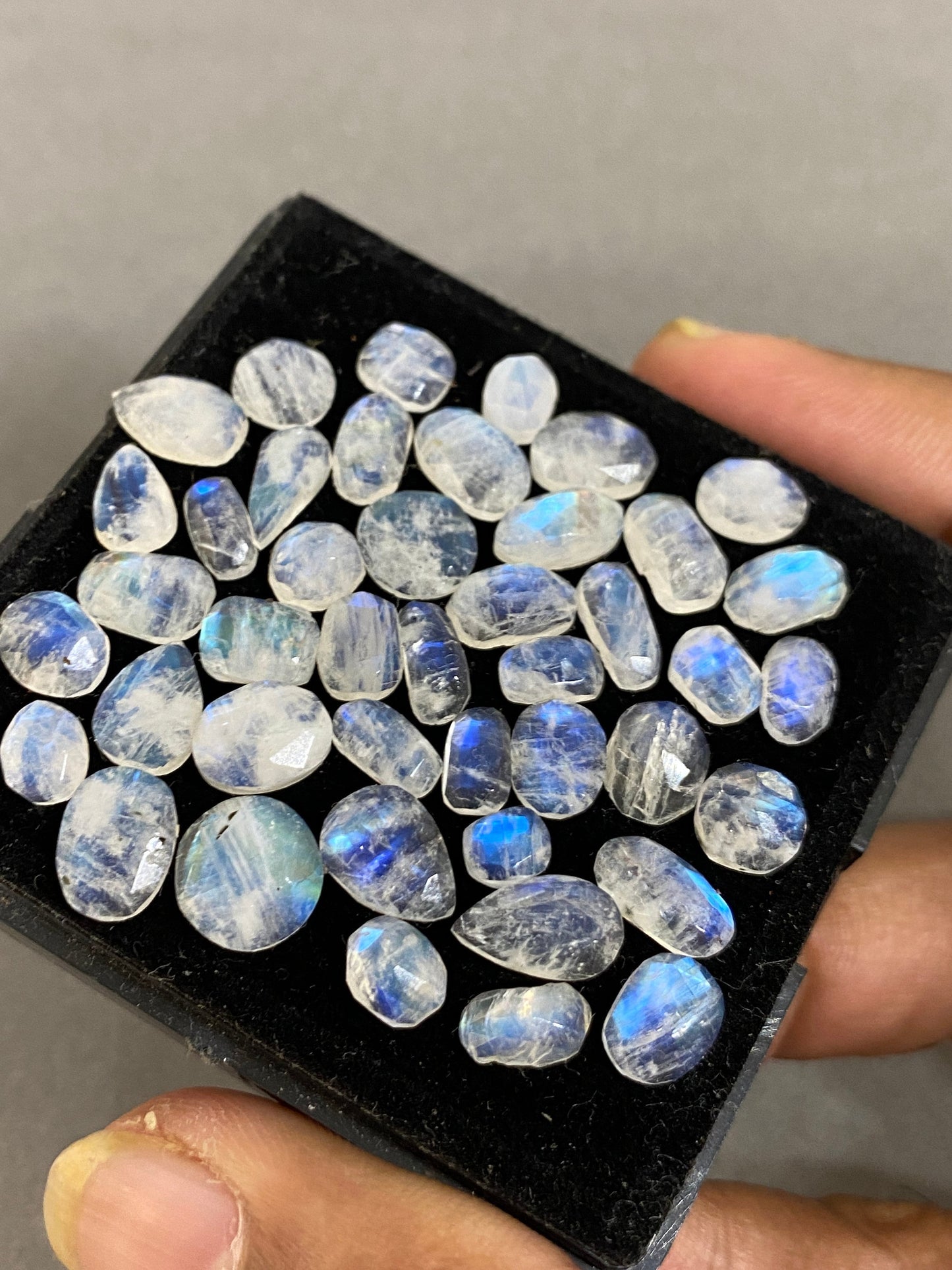 Stunning Blue fire rainbow moonstone unusual faceted rosecut pcs 40 wt 48 cts size 5.7x4.7-9x7mm beautiful fire rainbow moonstone facted