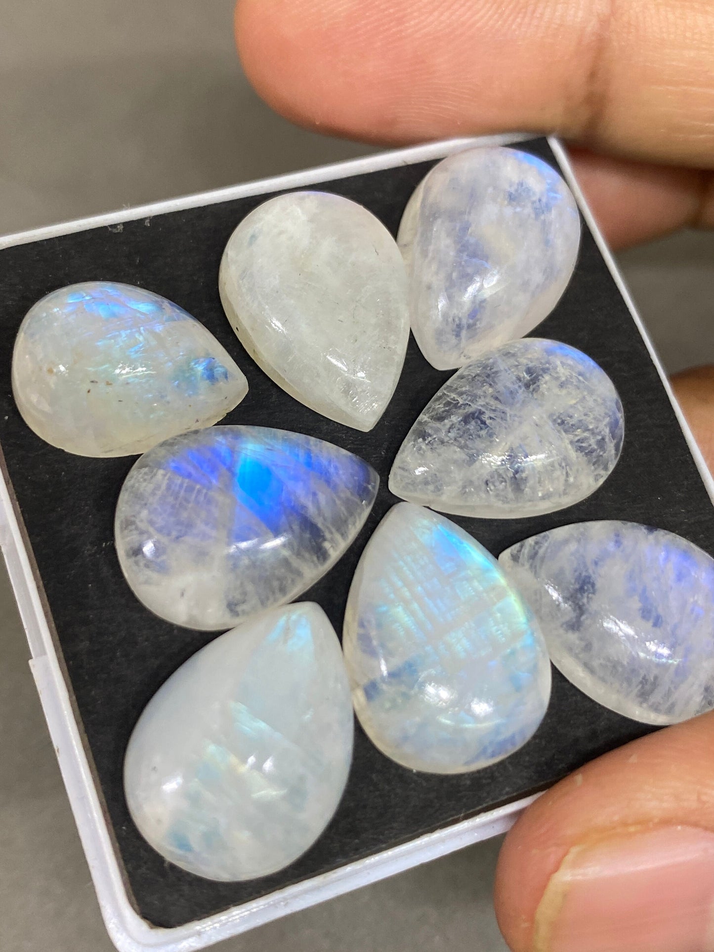 Fascinating  Blue fire rainbow moonstone pear cabochons  lot pcs 8 weight 86 cts size 16x11-18x13mm beautiful fire rainbow moonstone